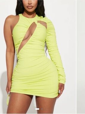 Neon Lime One-Shoulder Cutout Bodycon Dress